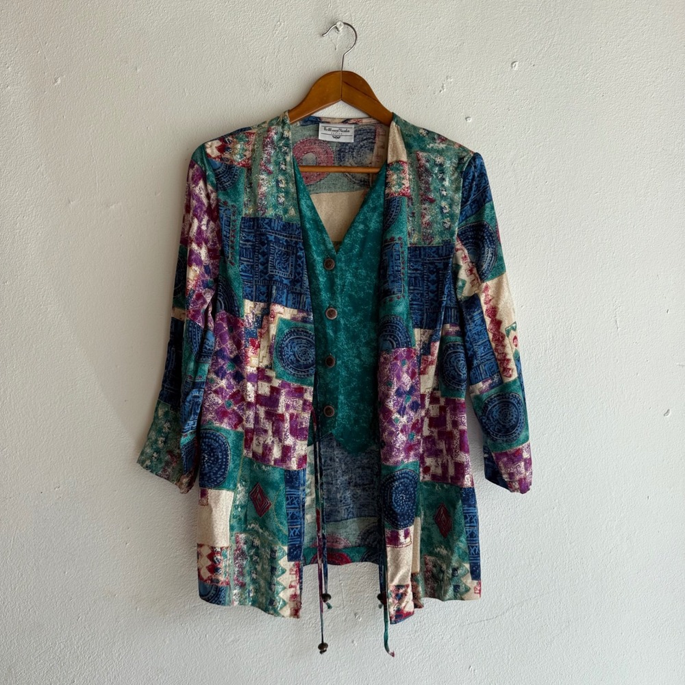 Vintage 90s Brittany Nicole Patchwork Jacket Attached Teal Vest Boho Art